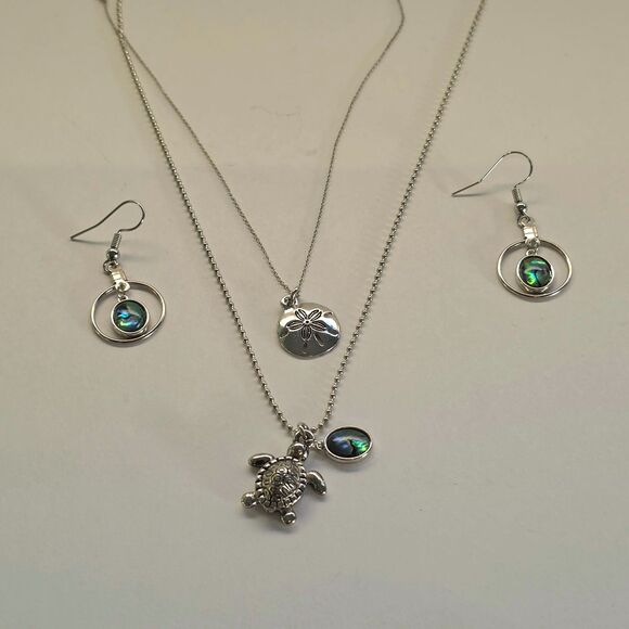 Jewelry - 3pc Coastal Jewelry Set, Silver Tone, Ocean Abalone Layering Turtle Necklaces